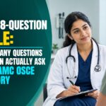 Oyamed teaching graphic showing an eighteen question budget for a five minute AMC Clinical OSCE history, broken down by section