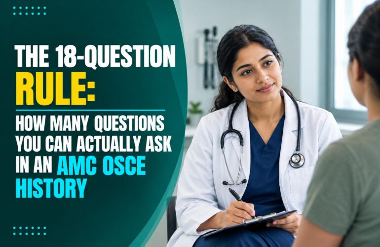 Oyamed teaching graphic showing an eighteen question budget for a five minute AMC Clinical OSCE history, broken down by section