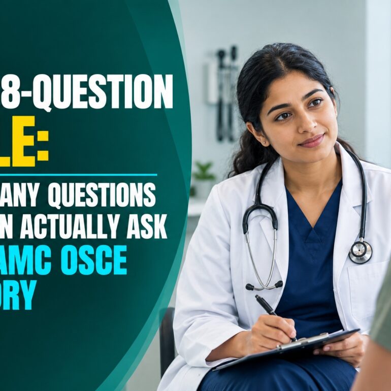 Oyamed teaching graphic showing an eighteen question budget for a five minute AMC Clinical OSCE history, broken down by section