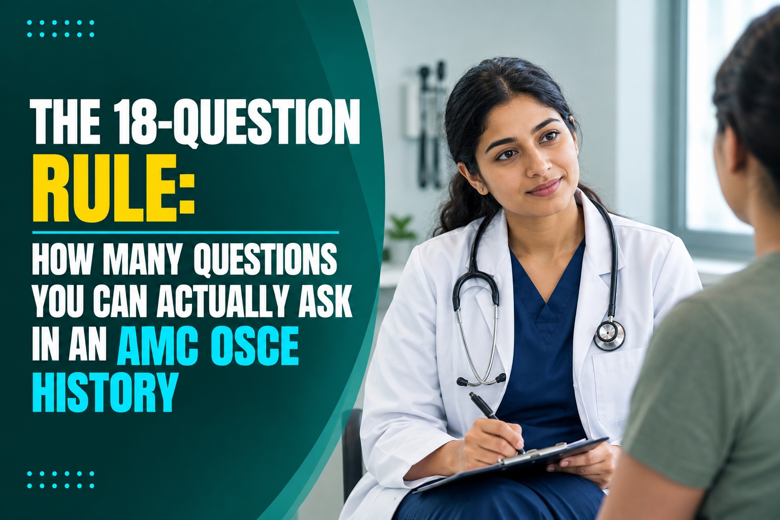 Oyamed teaching graphic showing an eighteen question budget for a five minute AMC Clinical OSCE history, broken down by section